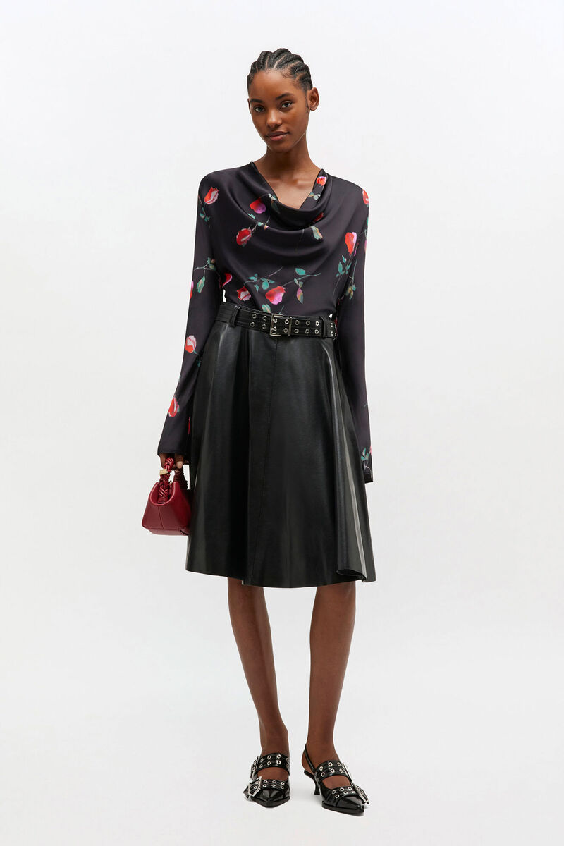 Ganni Printed Stretch Satin Blouse - Black Women's Tops - Sloane Boutique