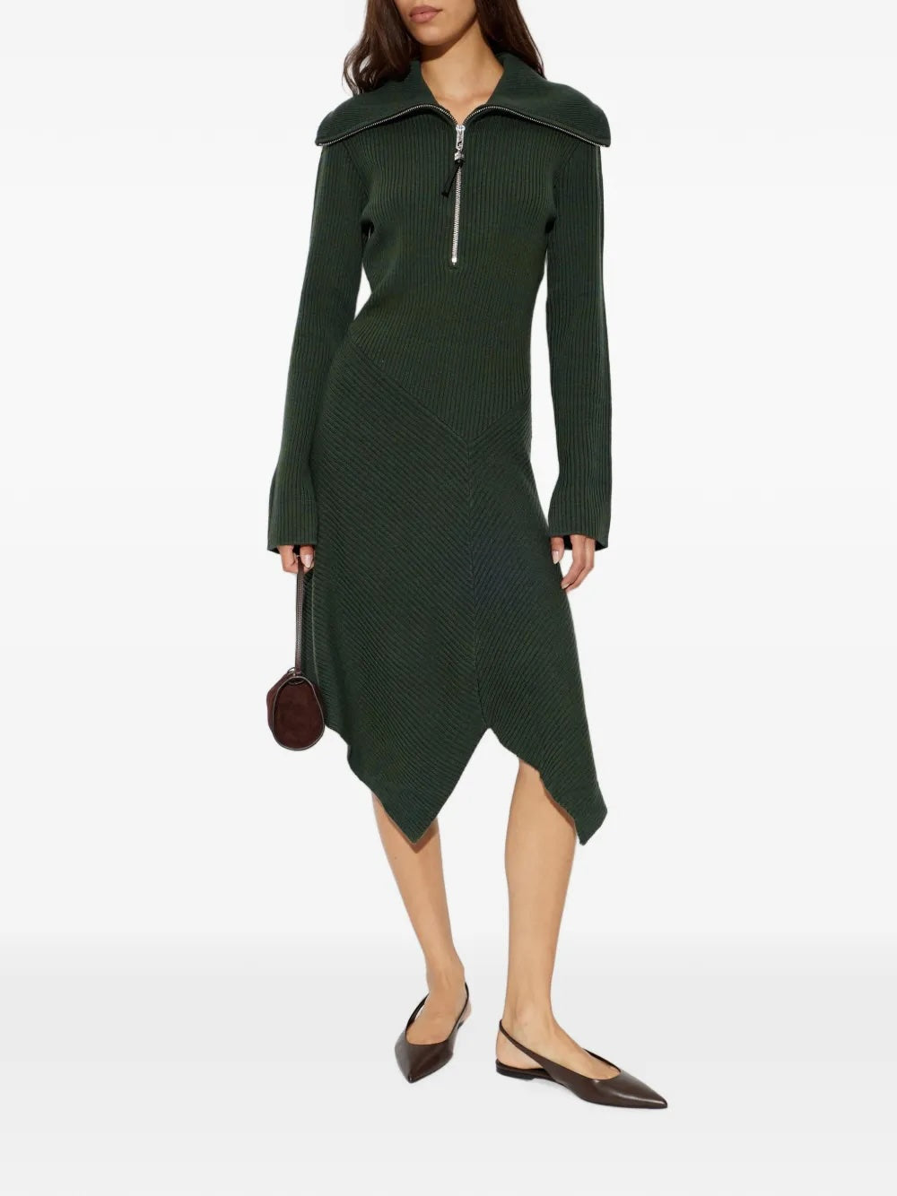 Ganni Ribbed Merino Zip Dress - Dark Green Dresses - Sloane Boutique