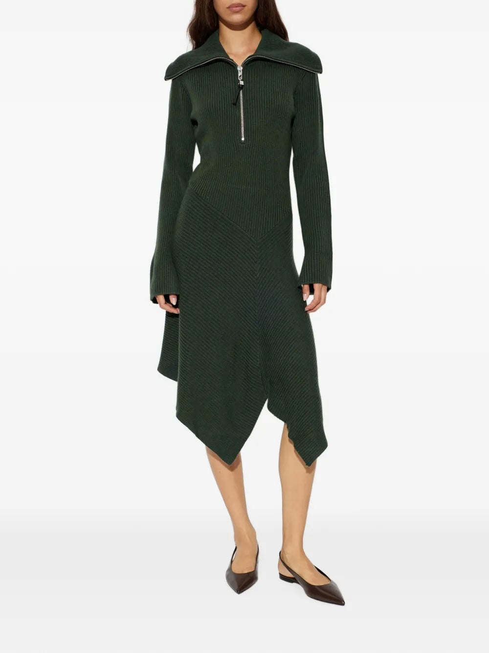 Ganni Ribbed Merino Zip Dress - Dark Green Dresses - Sloane Boutique
