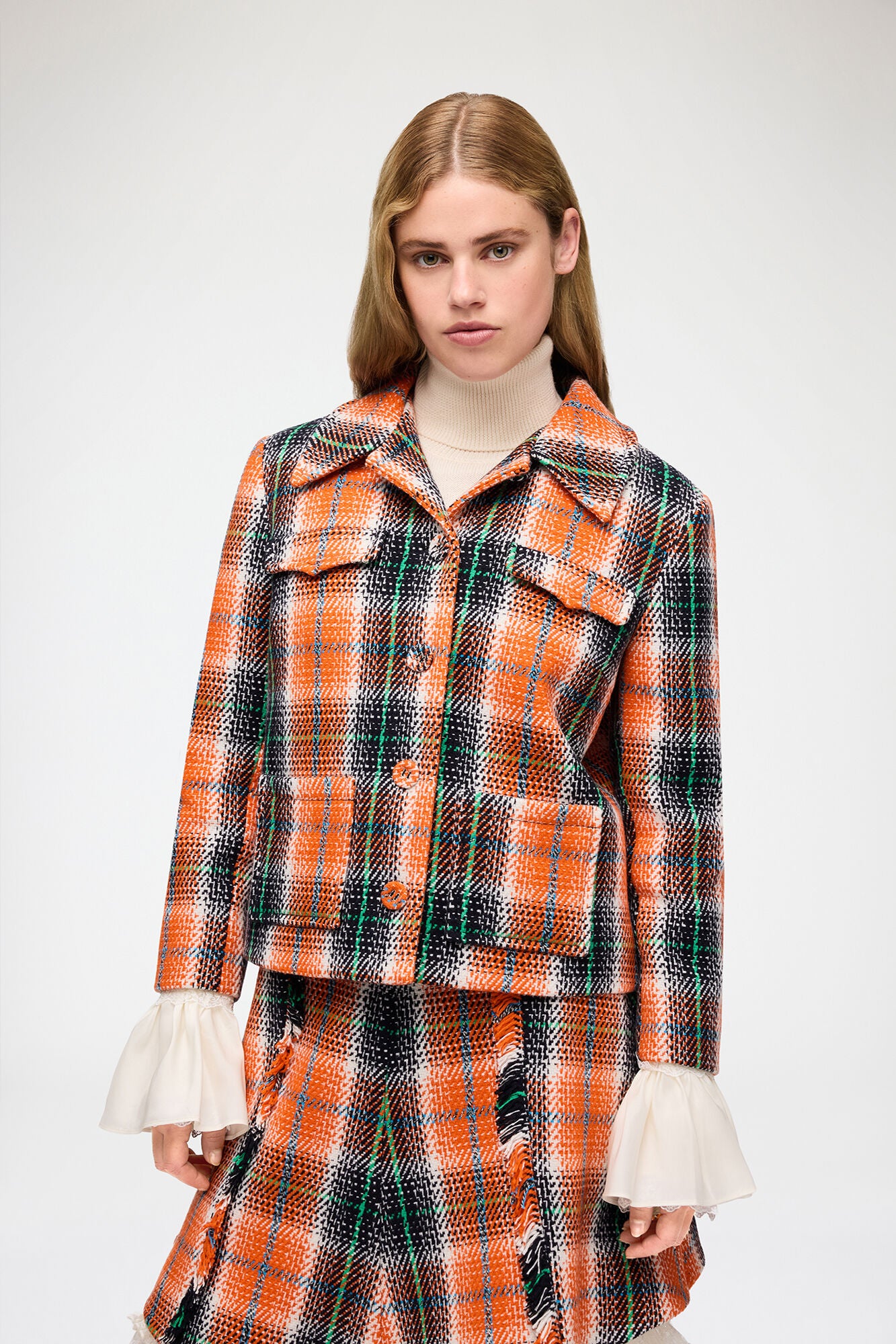 Ganni Wool Check Blazer - Mandarin Orange Outerwear - Sloane Boutique