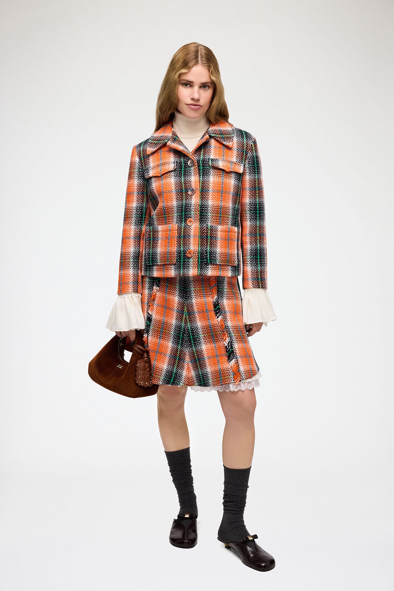 Ganni Wool Check Blazer - Mandarin Orange Outerwear - Sloane Boutique
