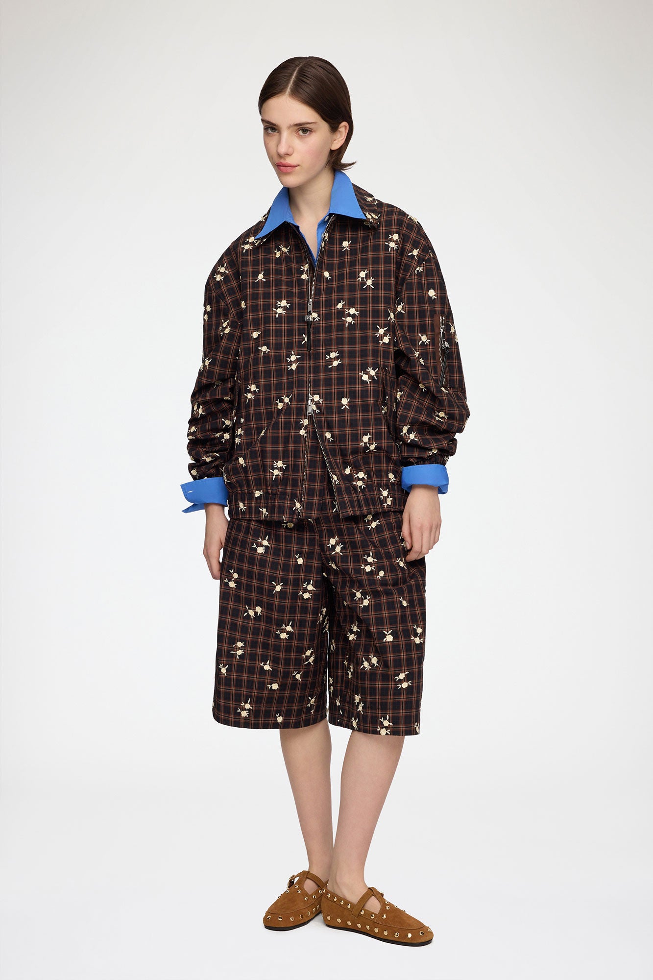 GANNI Yarn Dyed Check Flower Bomber - Cappuccino Outerwear - Sloane Boutique