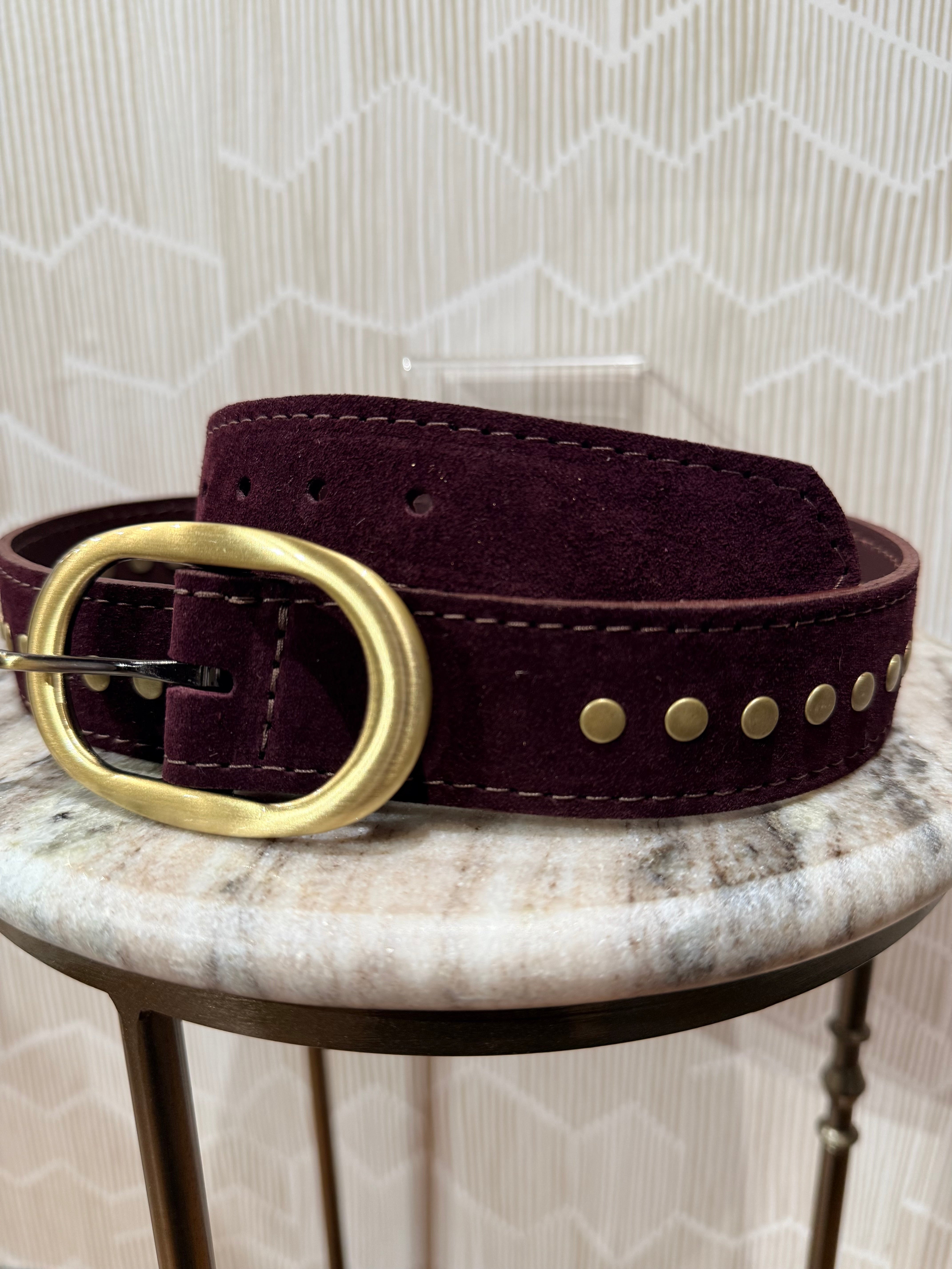Kim White Oval Classic Studded Belt - Burgundy Suede Accessories - Sloane Boutique
