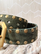 Kim White Squared Off Buckle Studded Belt - Olive Suede Accessories - Sloane Boutique
