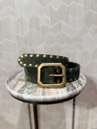 Kim White Squared Off Buckle Studded Belt - Olive Suede Accessories - Sloane Boutique