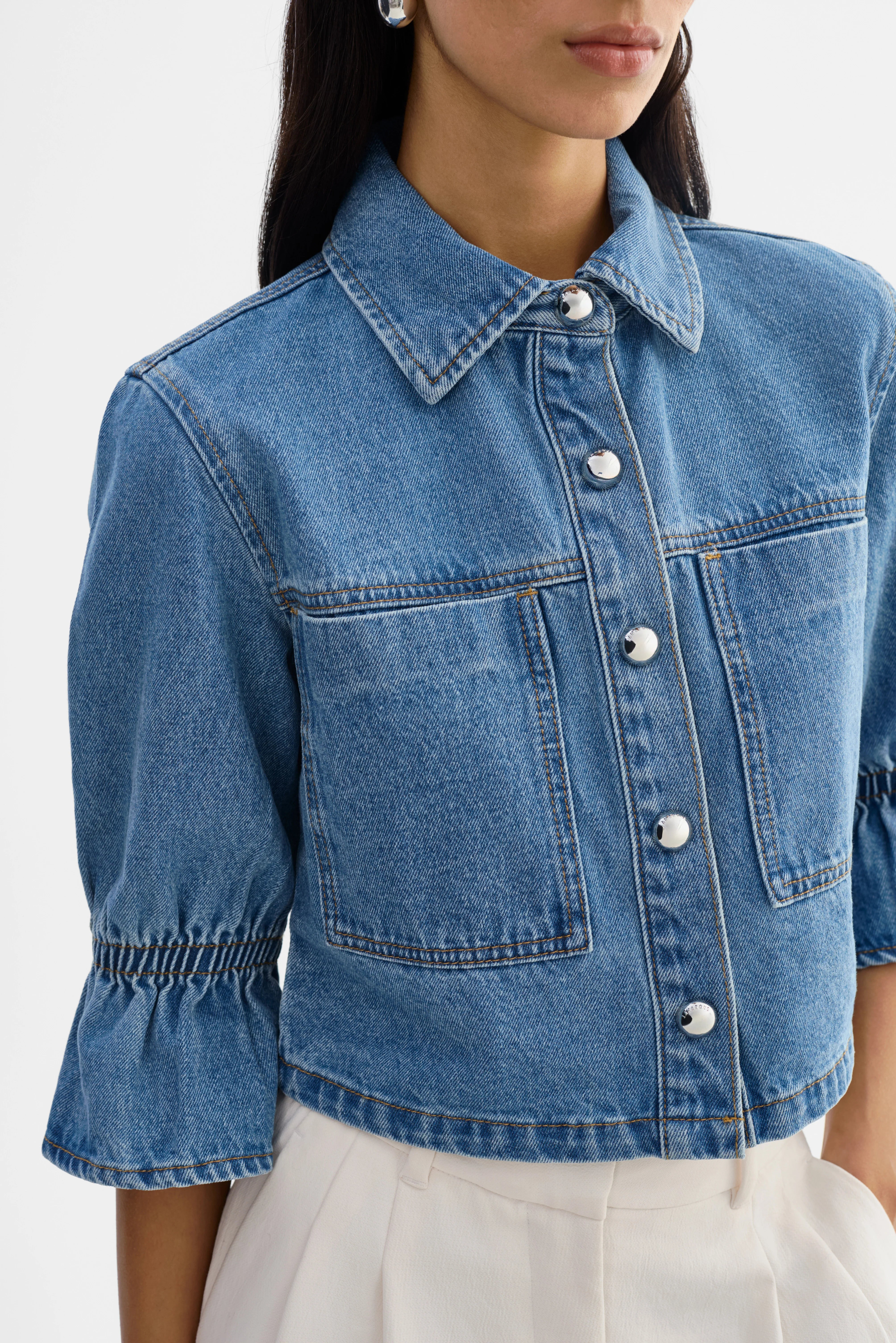 LAMARQUE Carolina Denim Ruffle Sleeve Jacket - Mid Blue Wash Women's Tops - Sloane Boutique