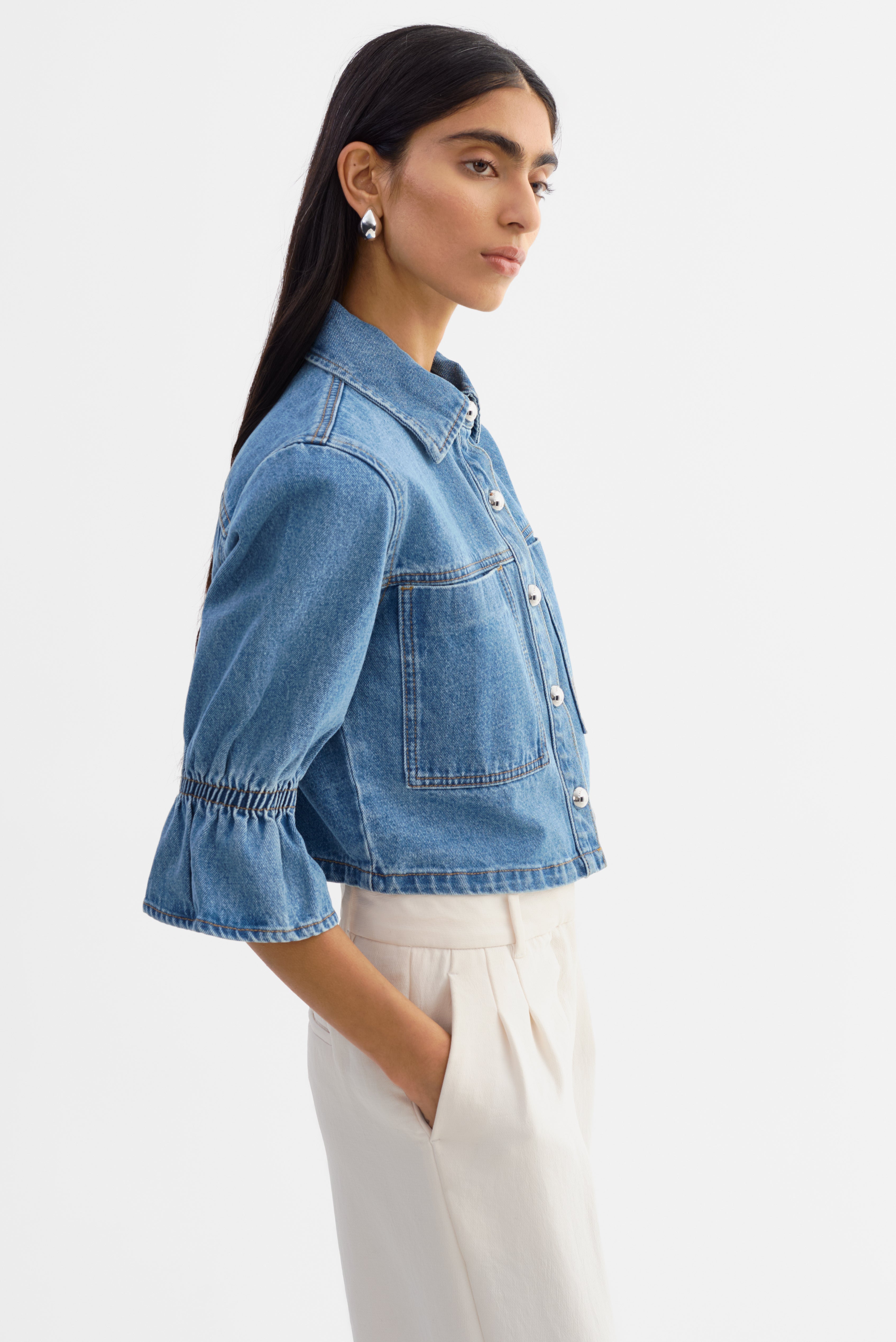 LAMARQUE Carolina Denim Ruffle Sleeve Jacket - Mid Blue Wash Women's Tops - Sloane Boutique
