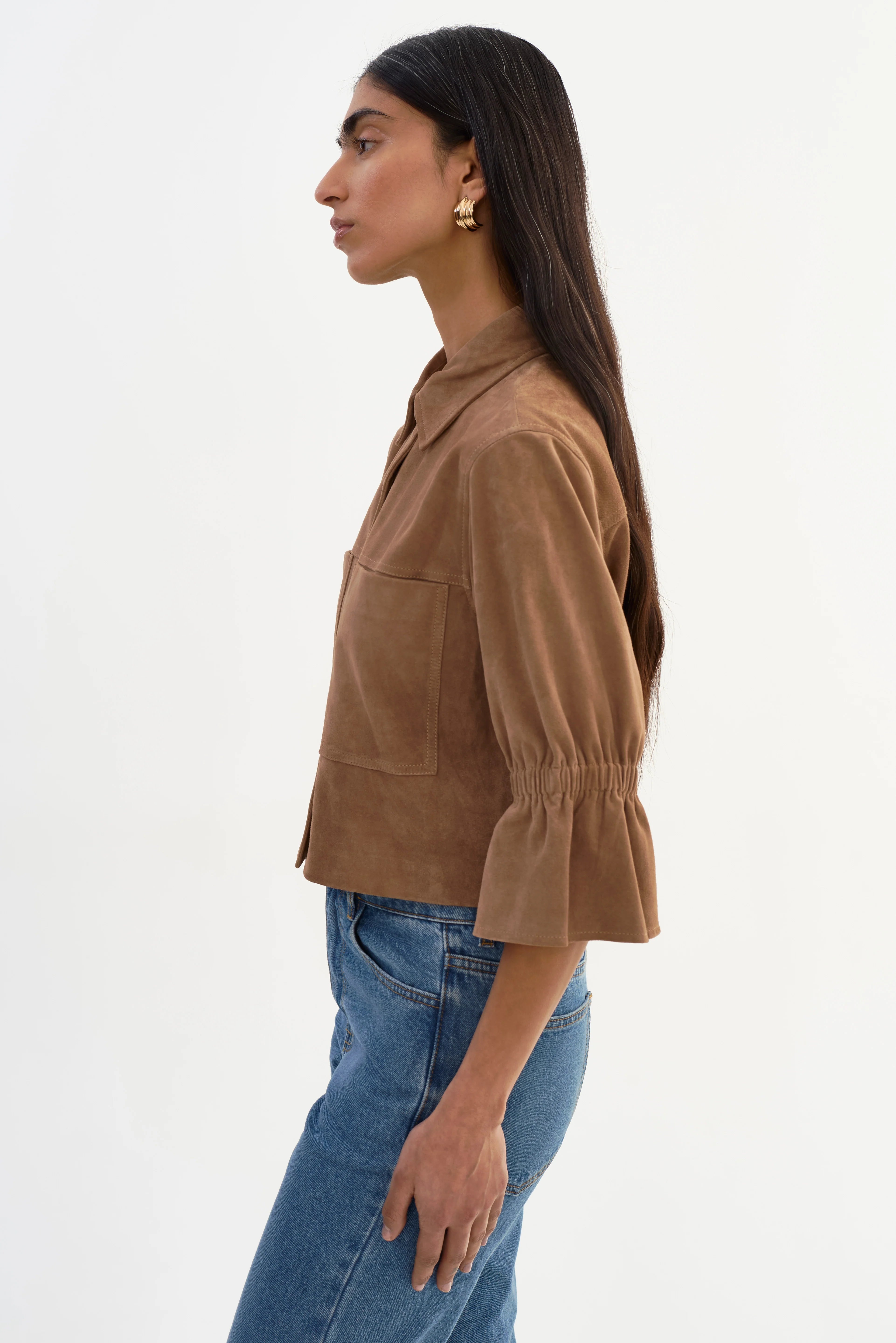 LAMARQUE Carolina Suede Ruffle Sleeve Jacket - Latte Women's Tops - Sloane Boutique