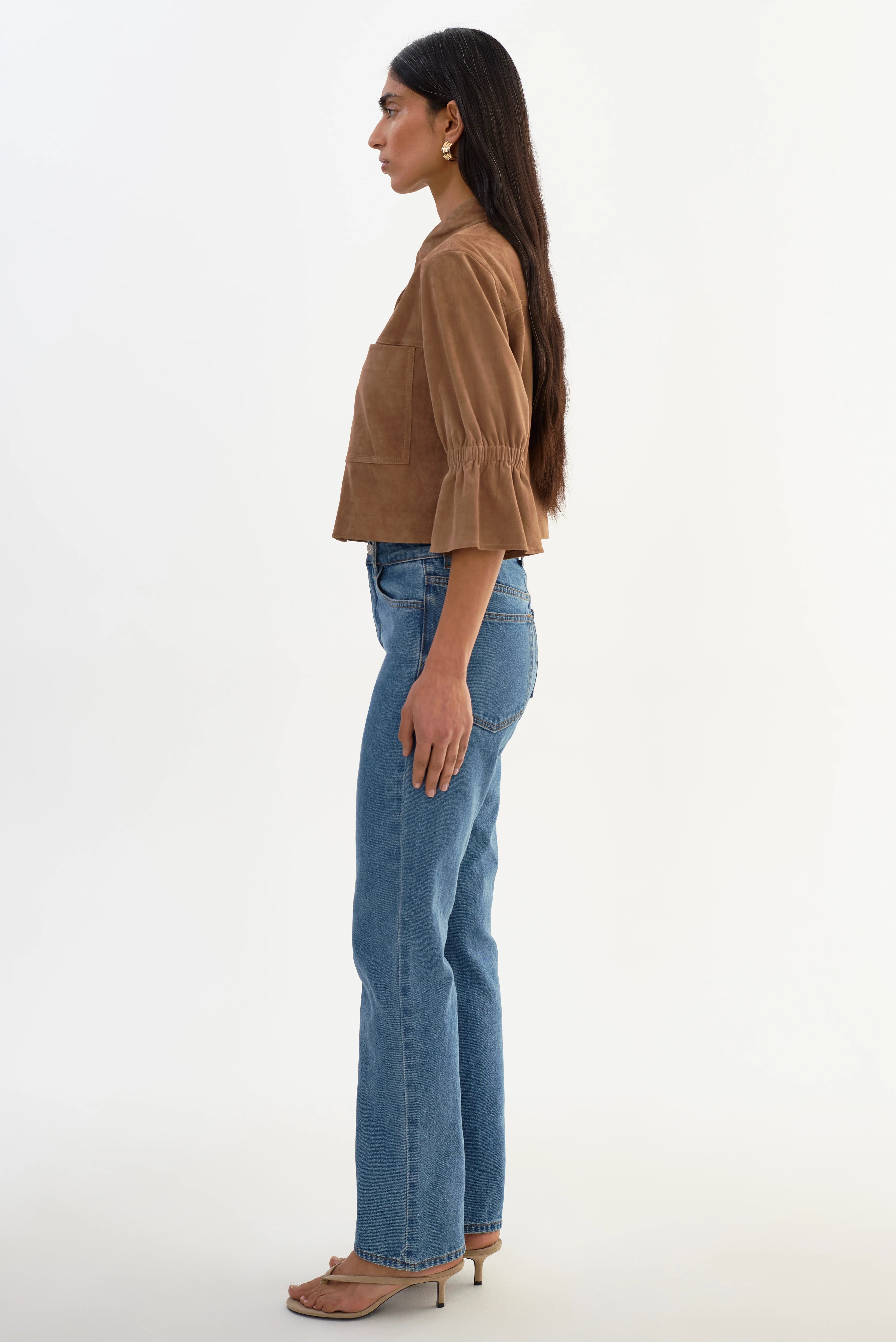 LAMARQUE Carolina Suede Ruffle Sleeve Jacket - Latte Women's Tops - Sloane Boutique