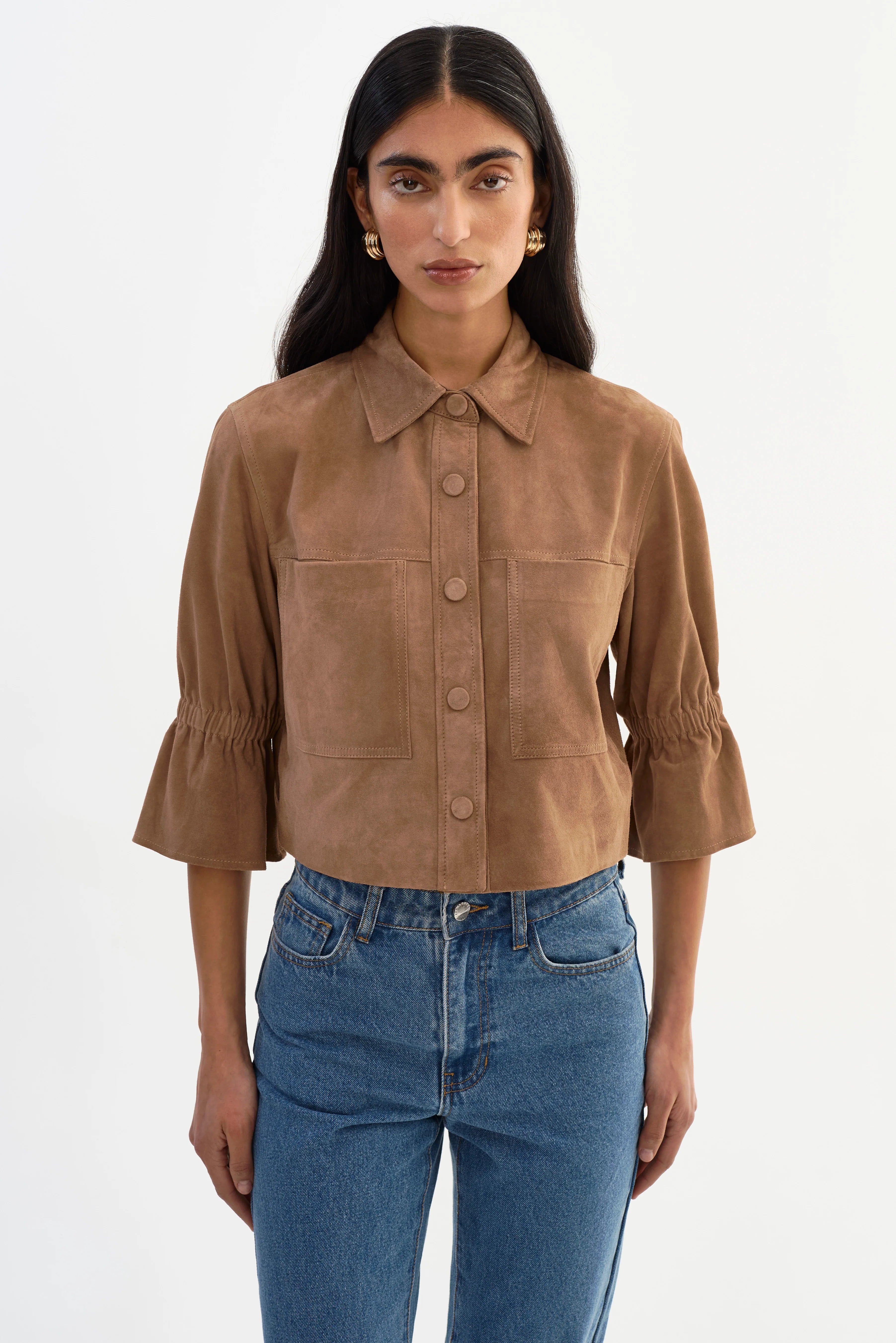 LAMARQUE Carolina Suede Ruffle Sleeve Jacket - Latte Women's Tops - Sloane Boutique