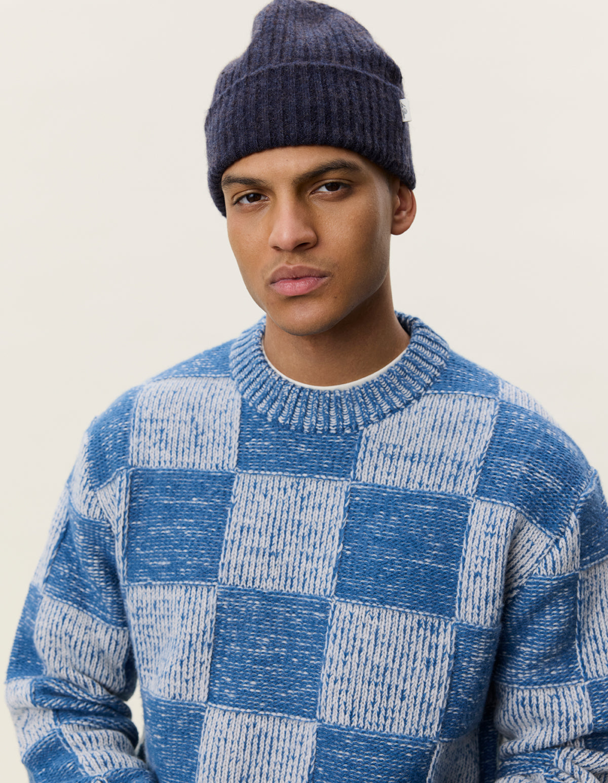 Les Deux Check Knit - Dark Denim Blue Men's Tops - Sloane Boutique