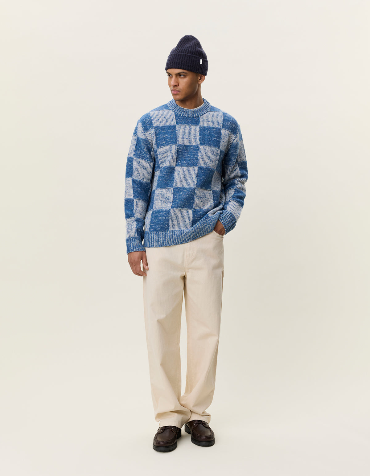 Les Deux Check Knit - Dark Denim Blue Men's Tops - Sloane Boutique
