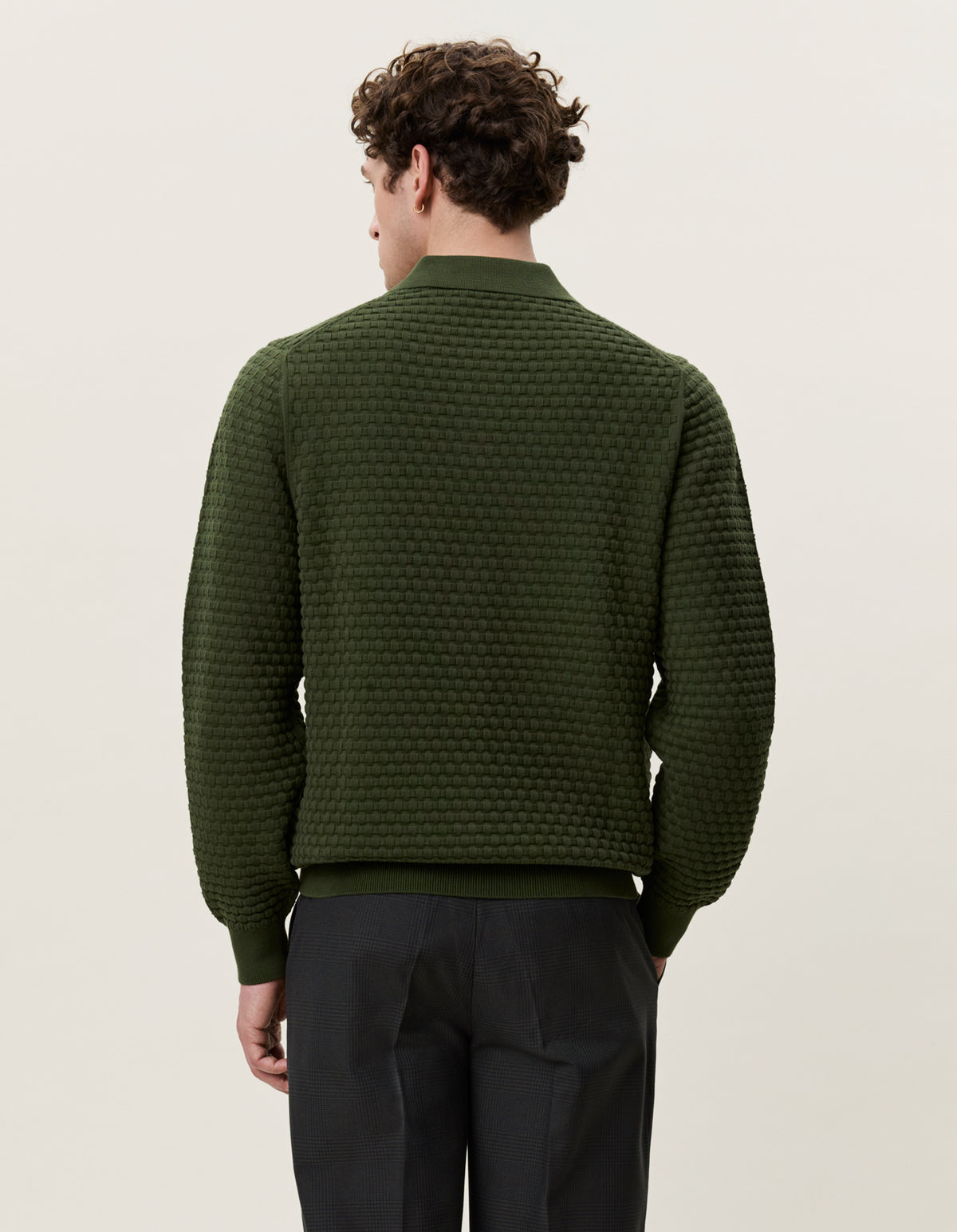 Les Deux Check Structure Knitted Long Sleeve Polo - Rifle Green Men's Tops - Sloane Boutique