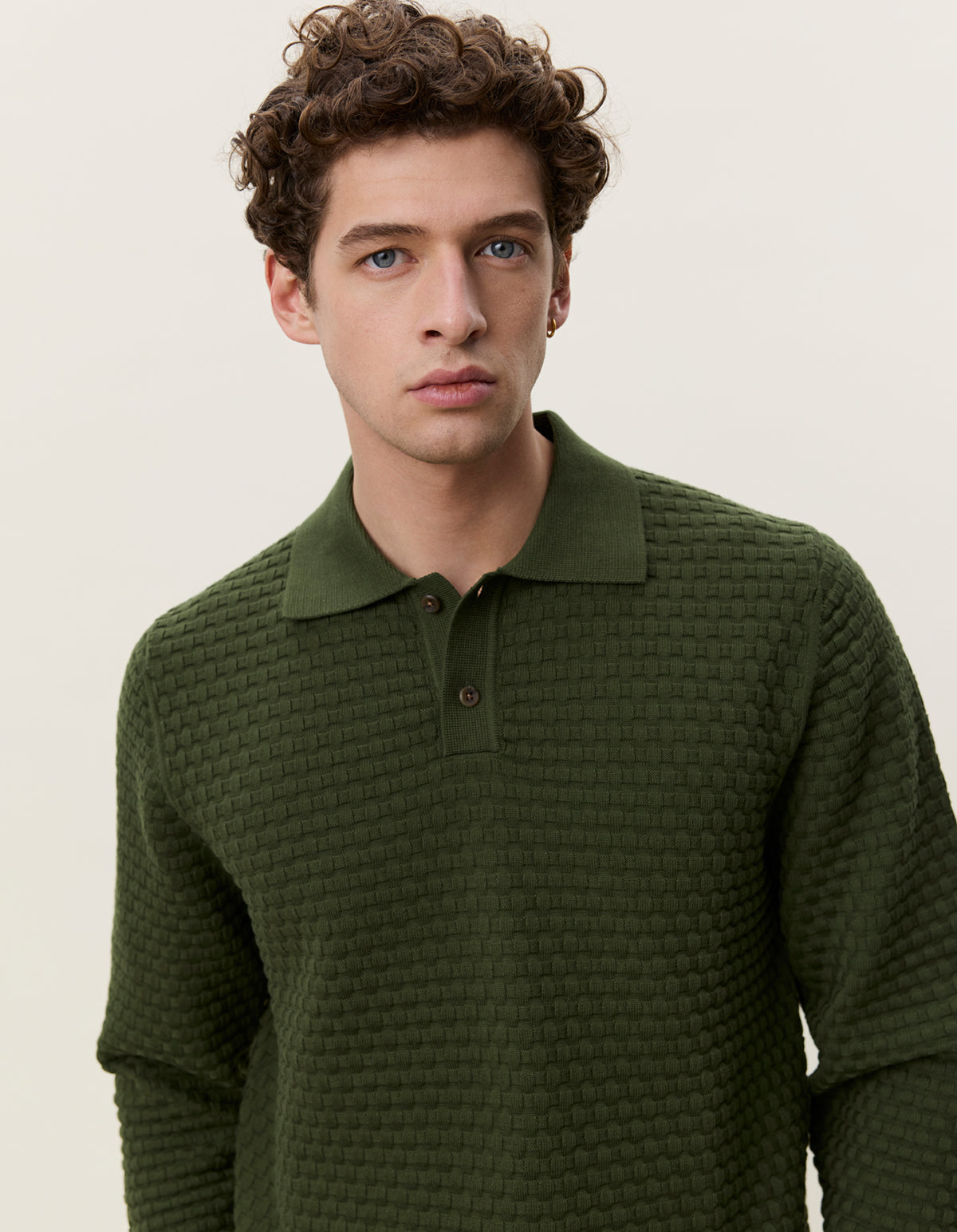 Les Deux Check Structure Knitted Long Sleeve Polo - Rifle Green Men's Tops - Sloane Boutique