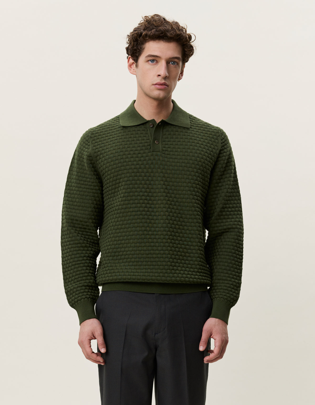 Les Deux Check Structure Knitted Long Sleeve Polo - Rifle Green Men's Tops - Sloane Boutique