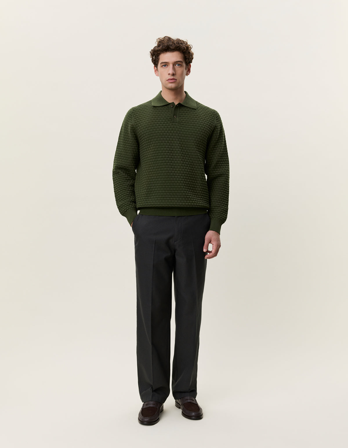 Les Deux Check Structure Knitted Long Sleeve Polo - Rifle Green Men's Tops - Sloane Boutique