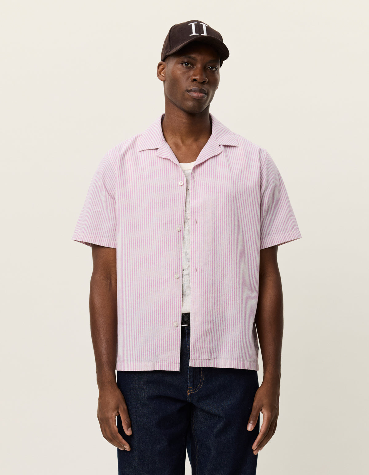 Les Deux Lukas Stripe Cotton Linen SS Shirt - Crocus Pink Men's Tops - Sloane Boutique