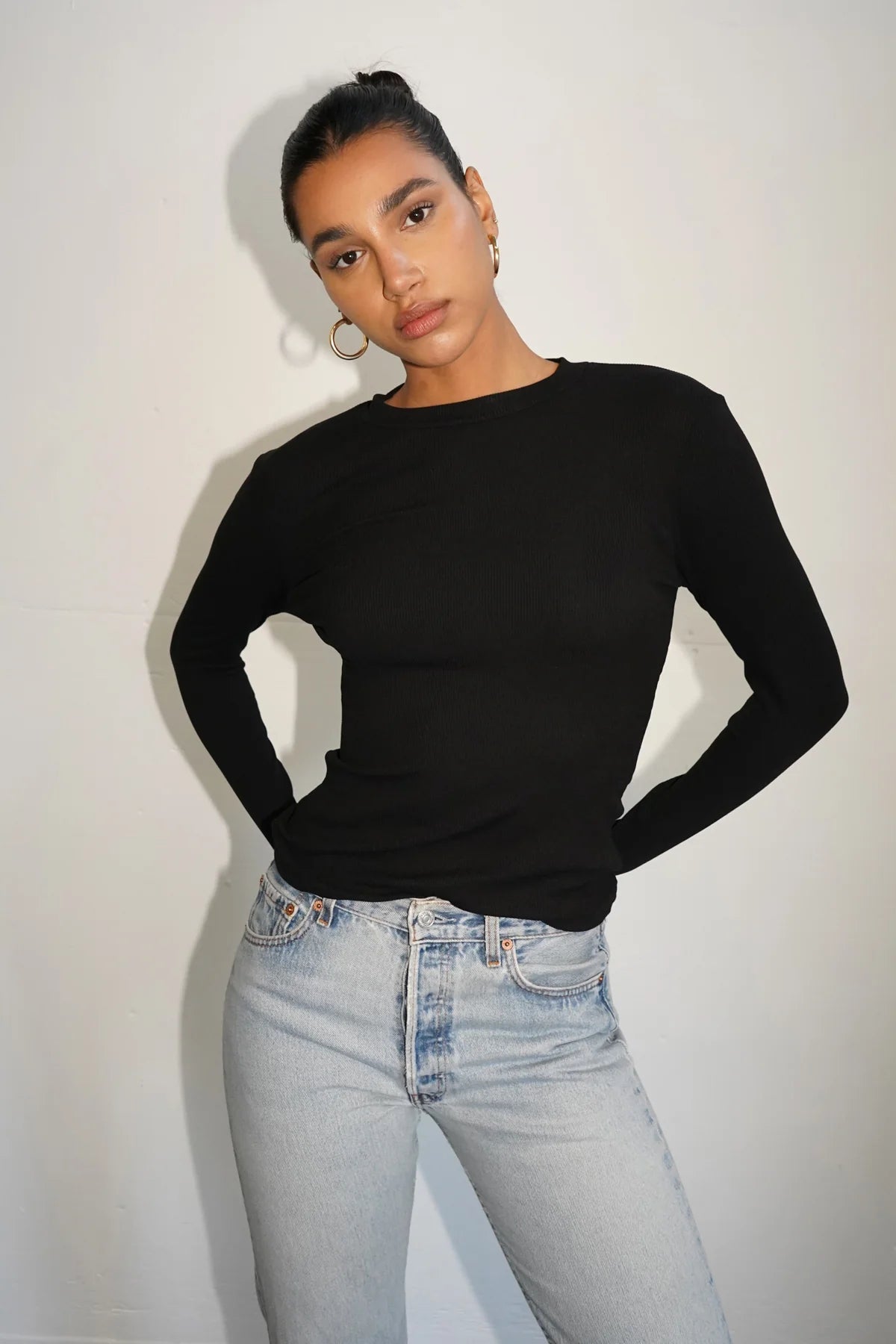 LnA Dalston Ribbed Long Sleeve Tee - Black Women's Tops - Sloane Boutique