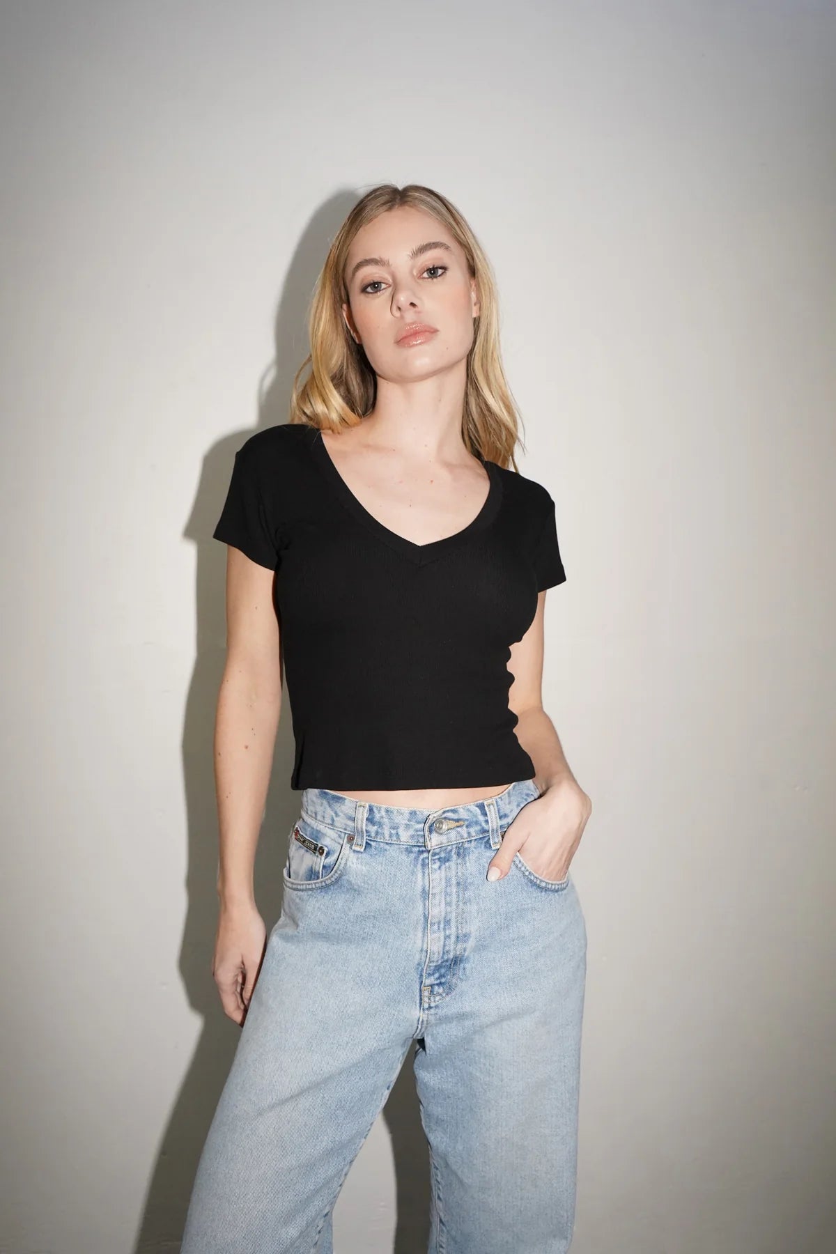 LnA Fitted Deep V Cotton Tee - Black Women's Tops - Sloane Boutique