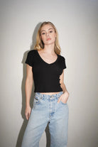 LnA Fitted Deep V Cotton Tee - Black Women's Tops - Sloane Boutique