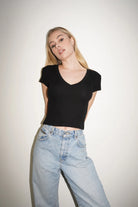 LnA Fitted Deep V Cotton Tee - Black Women's Tops - Sloane Boutique