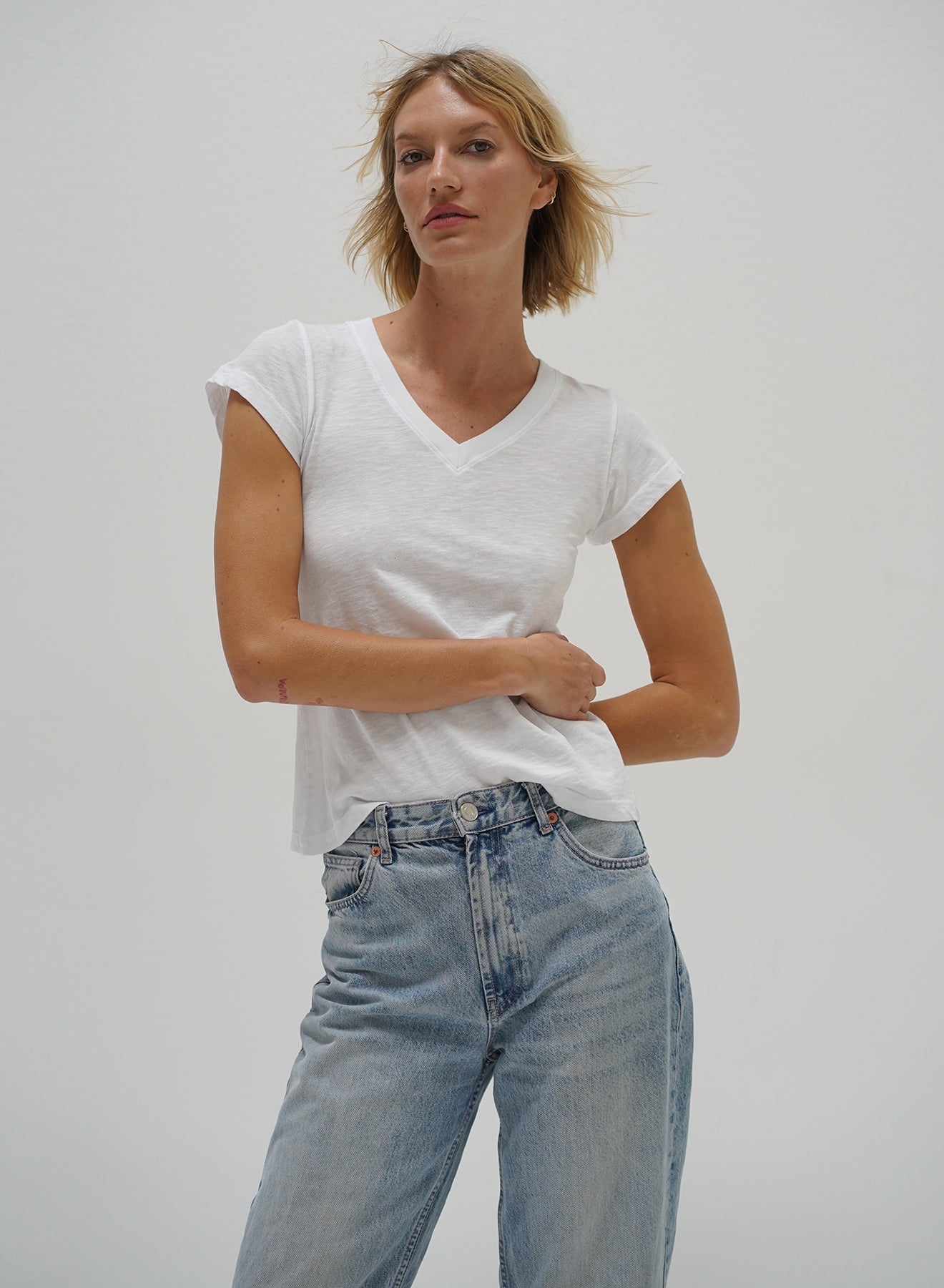 LnA Fitted Deep V Cotton Tee - White Women's Tops - Sloane Boutique