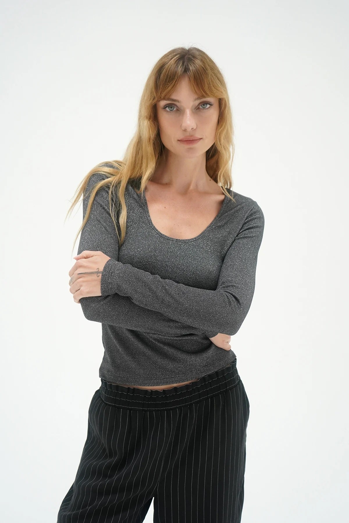 LnA Jacinda Lurex Rib Long Sleeve - Black Lurex Women's Tops - Sloane Boutique