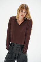 LnA Neve Ribbed Long Sleeve Polo - Chocolate sale tops - Sloane Boutique