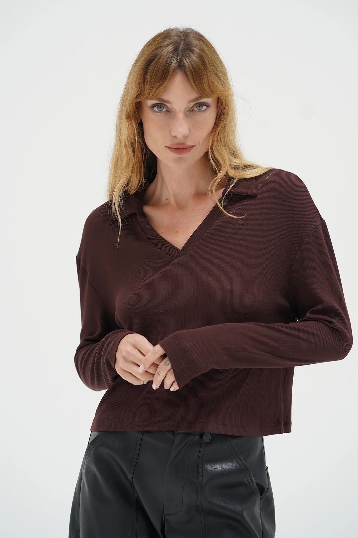 LnA Neve Ribbed Long Sleeve Polo - Chocolate sale tops - Sloane Boutique