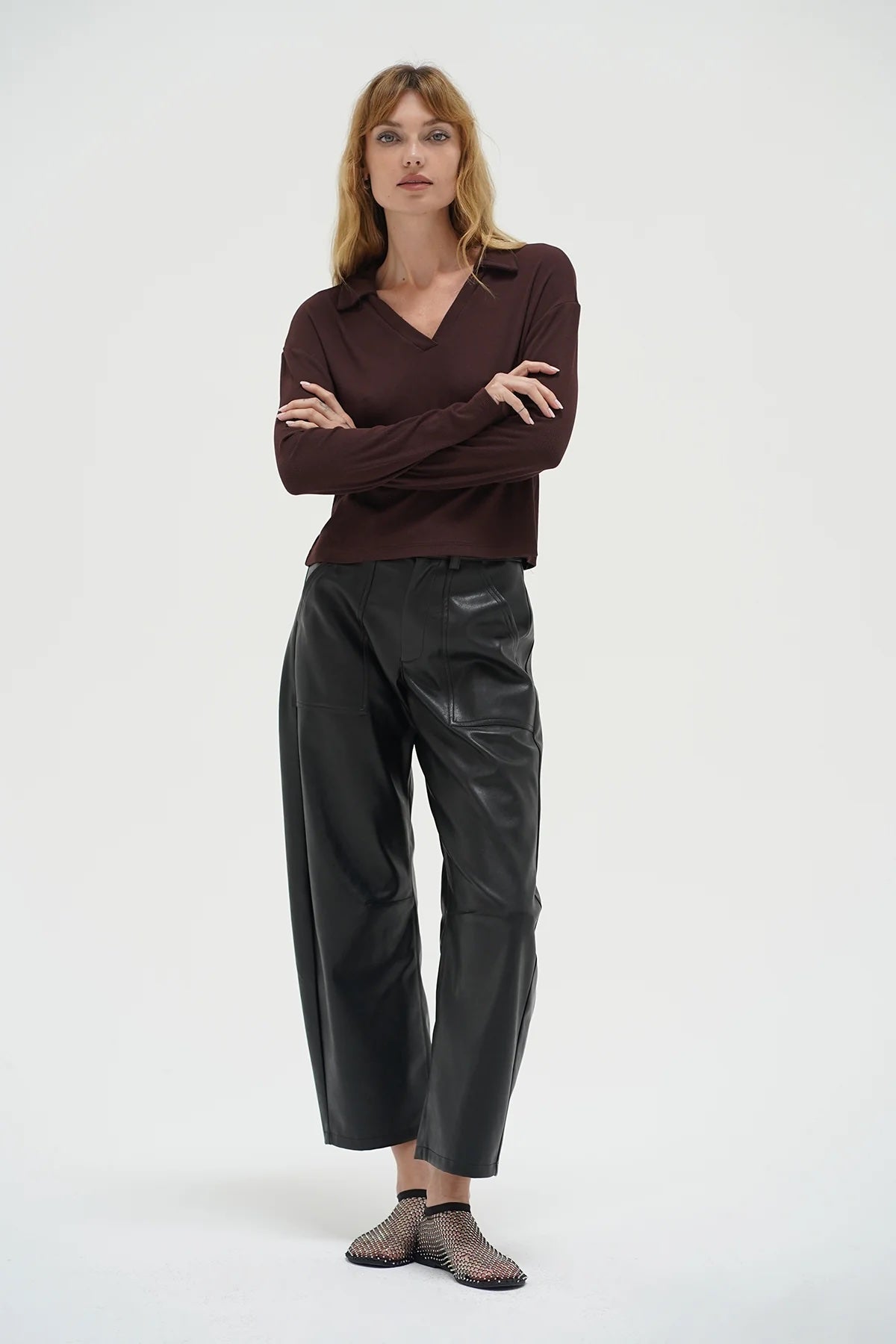 LnA Neve Ribbed Long Sleeve Polo - Chocolate sale tops - Sloane Boutique