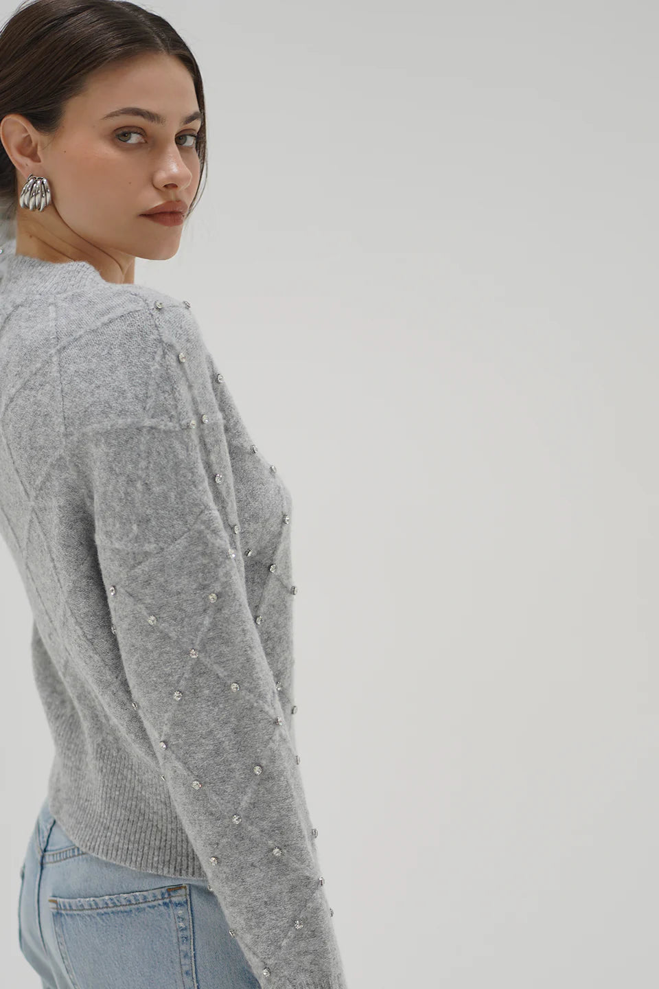 LnA Noma Rhinestone Sweater - Silver Grey Women's Tops - Sloane Boutique