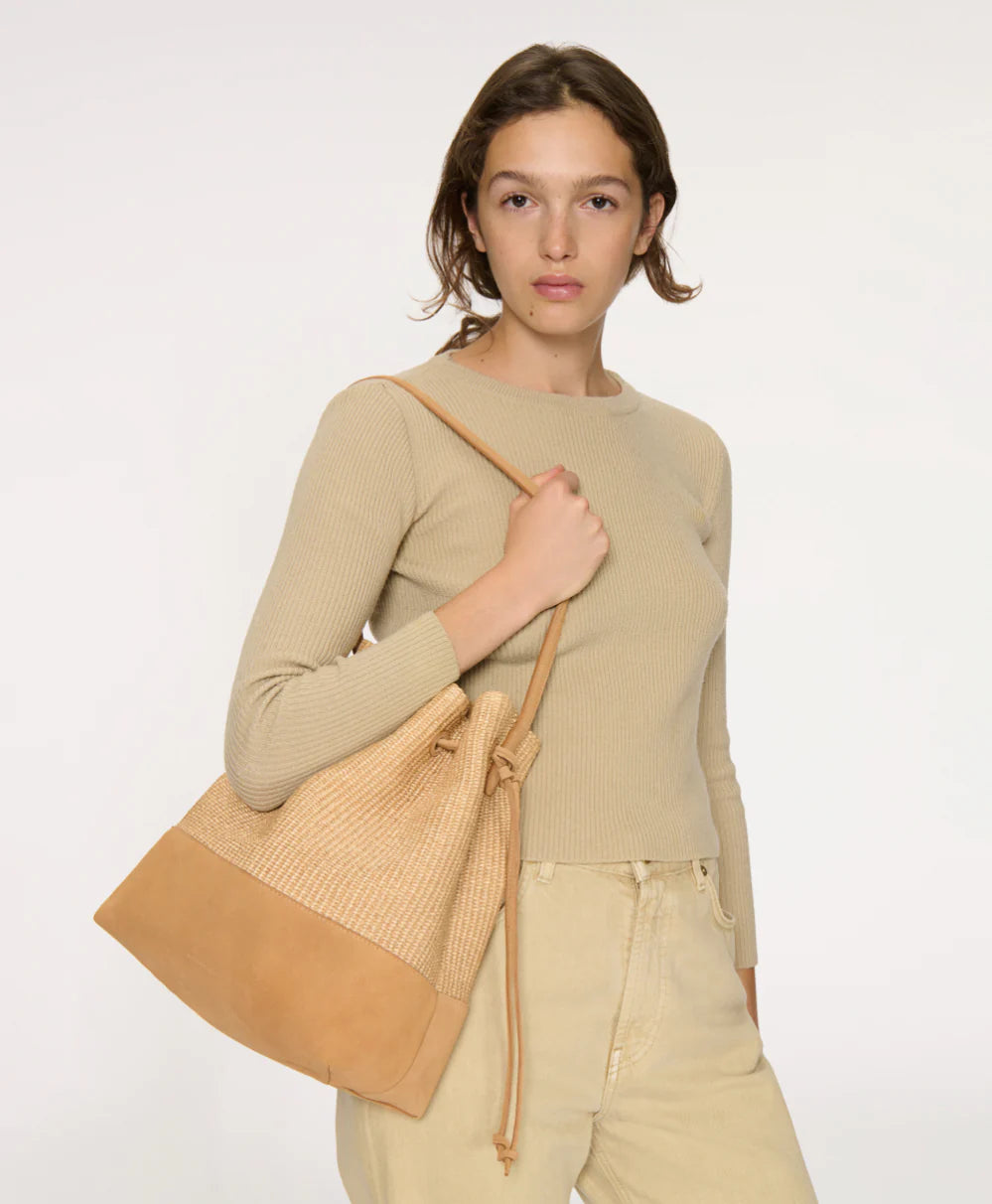 Mansur Gavriel Drawstring Cabas - Natural Raffia / Budino Suede Handbags - Sloane Boutique