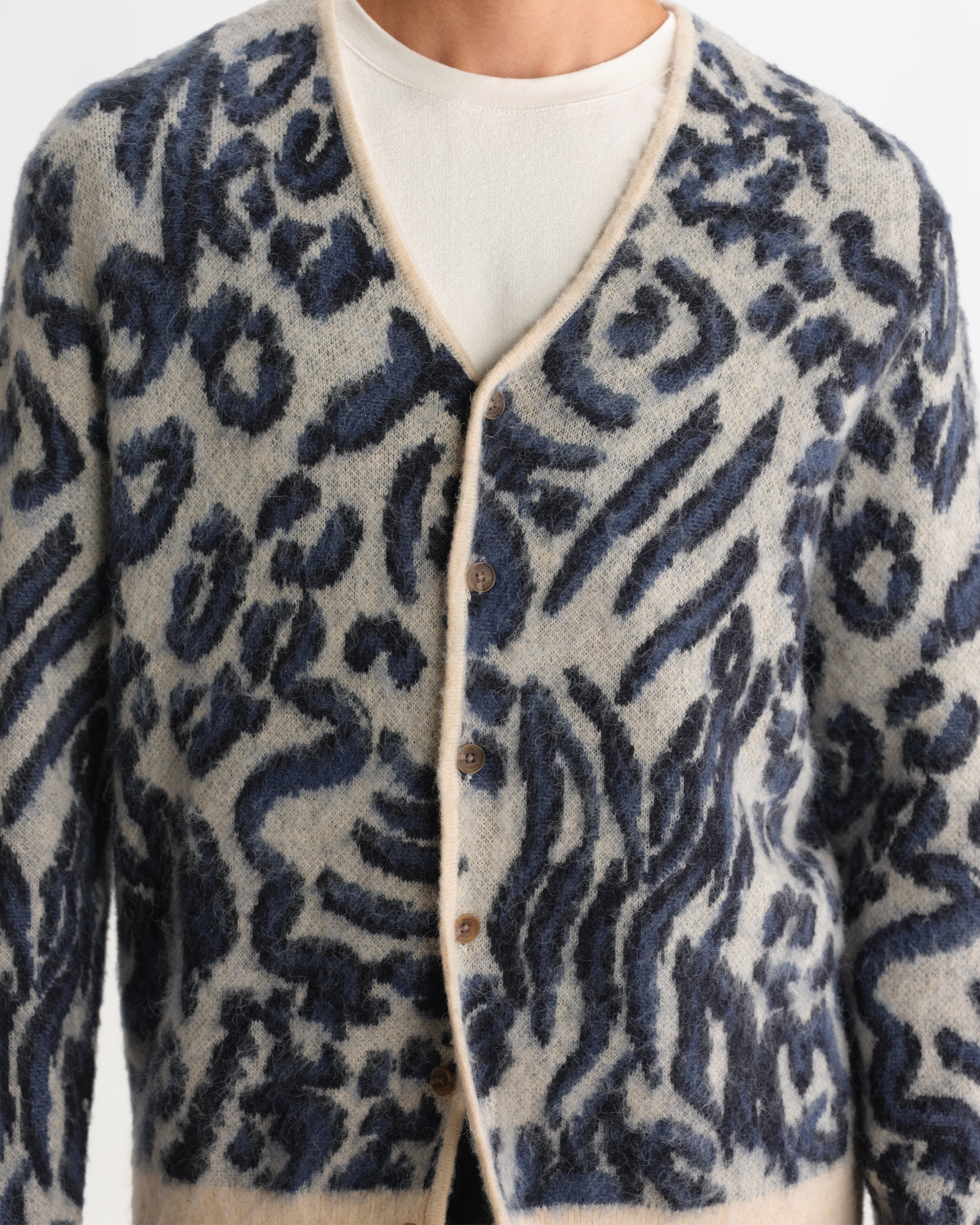 Wax London Alban Cardigan - Animal Ecru/Navy Men's Tops - Sloane Boutique