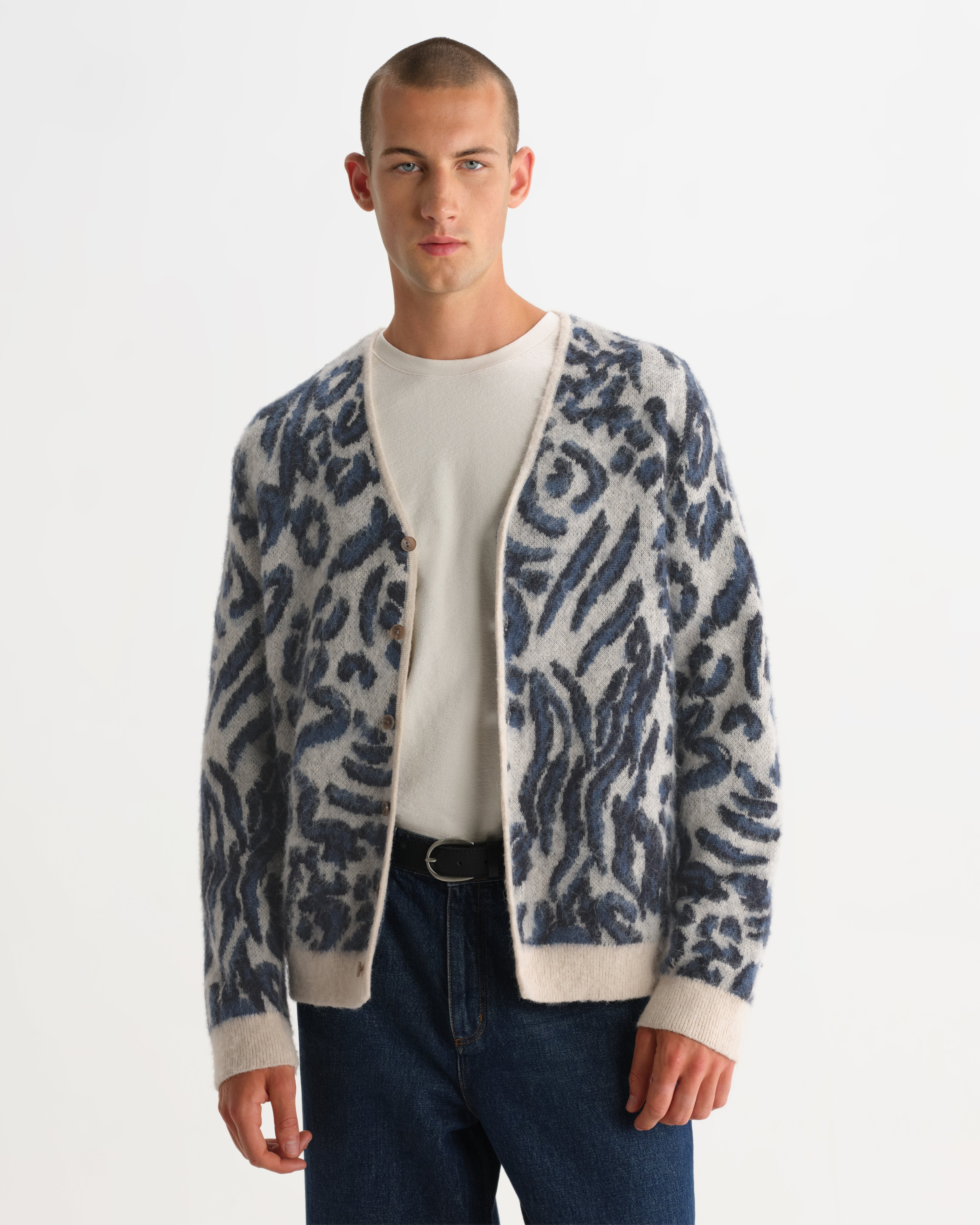 Wax London Alban Cardigan - Animal Ecru/Navy Men's Tops - Sloane Boutique
