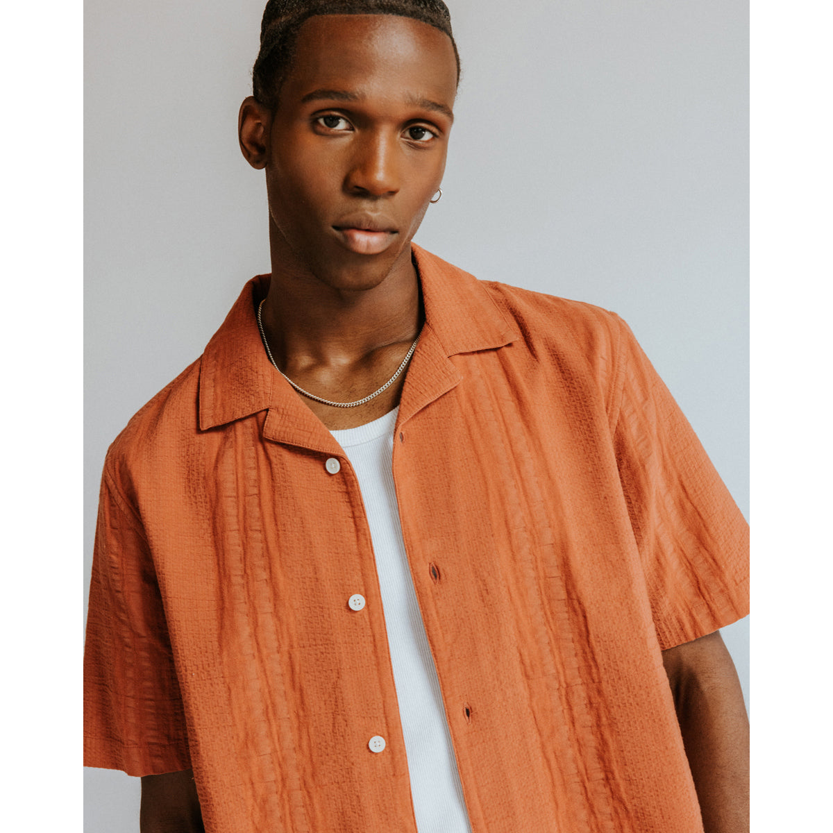 Wax London Double-Weave Seersucker Didcot Short Sleeve - Rust Men's Tops - Sloane Boutique