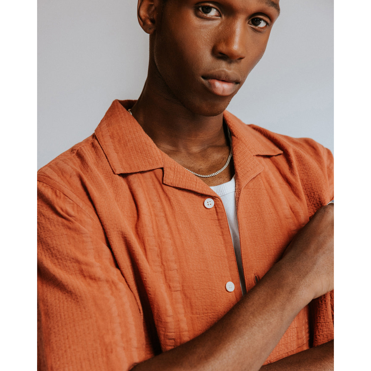 Wax London Double-Weave Seersucker Didcot Short Sleeve - Rust Men's Tops - Sloane Boutique