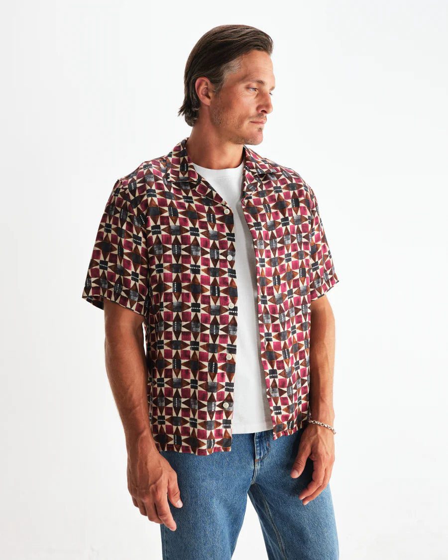 Wax London Men's Painted Geo Tencel Didcot Short Sleeve Shirt - Burgundy Men's Tops - Sloane Boutique