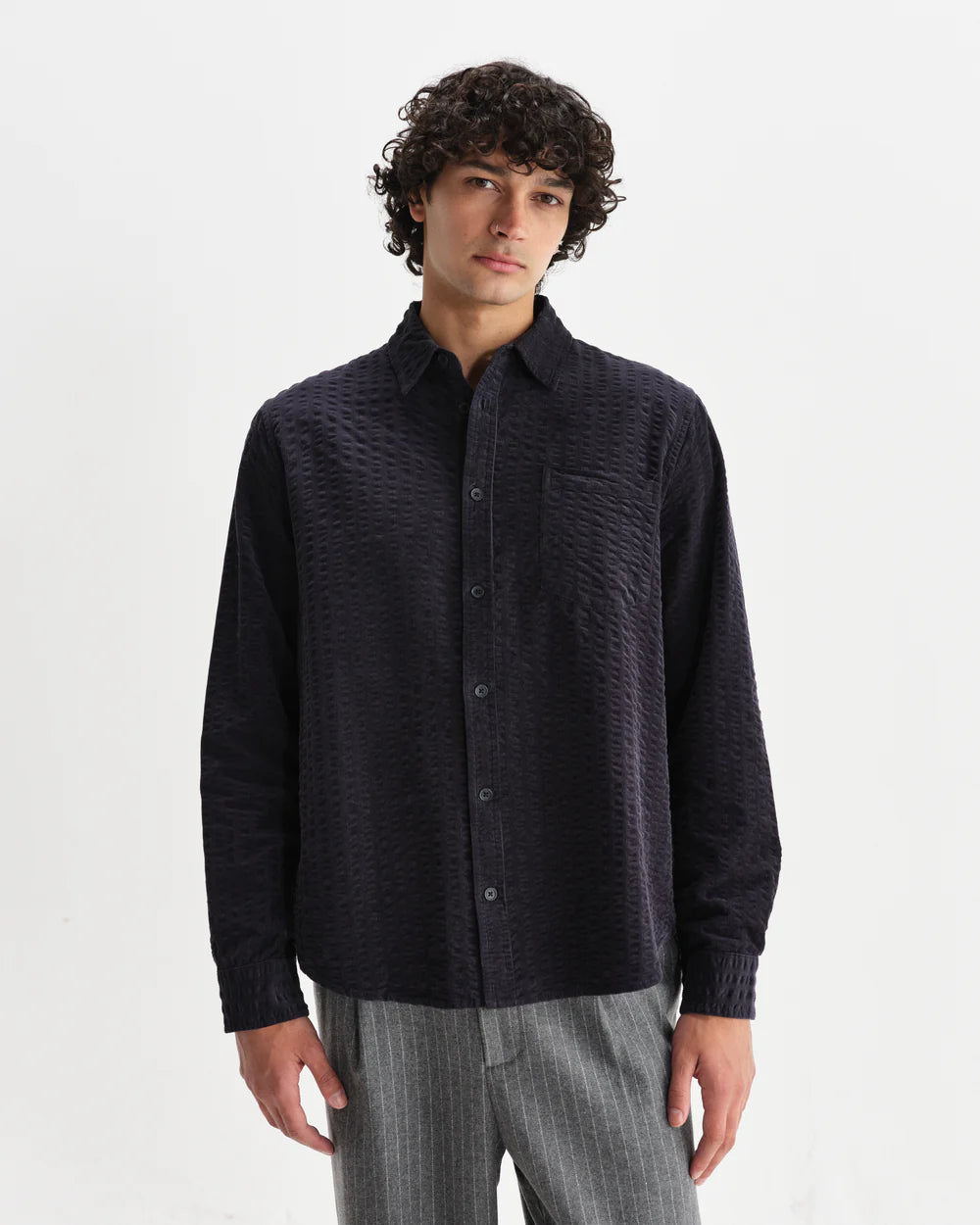 Wax London Men's Shelly Shirt Seersucker Cord - Navy Men's Tops - Sloane Boutique