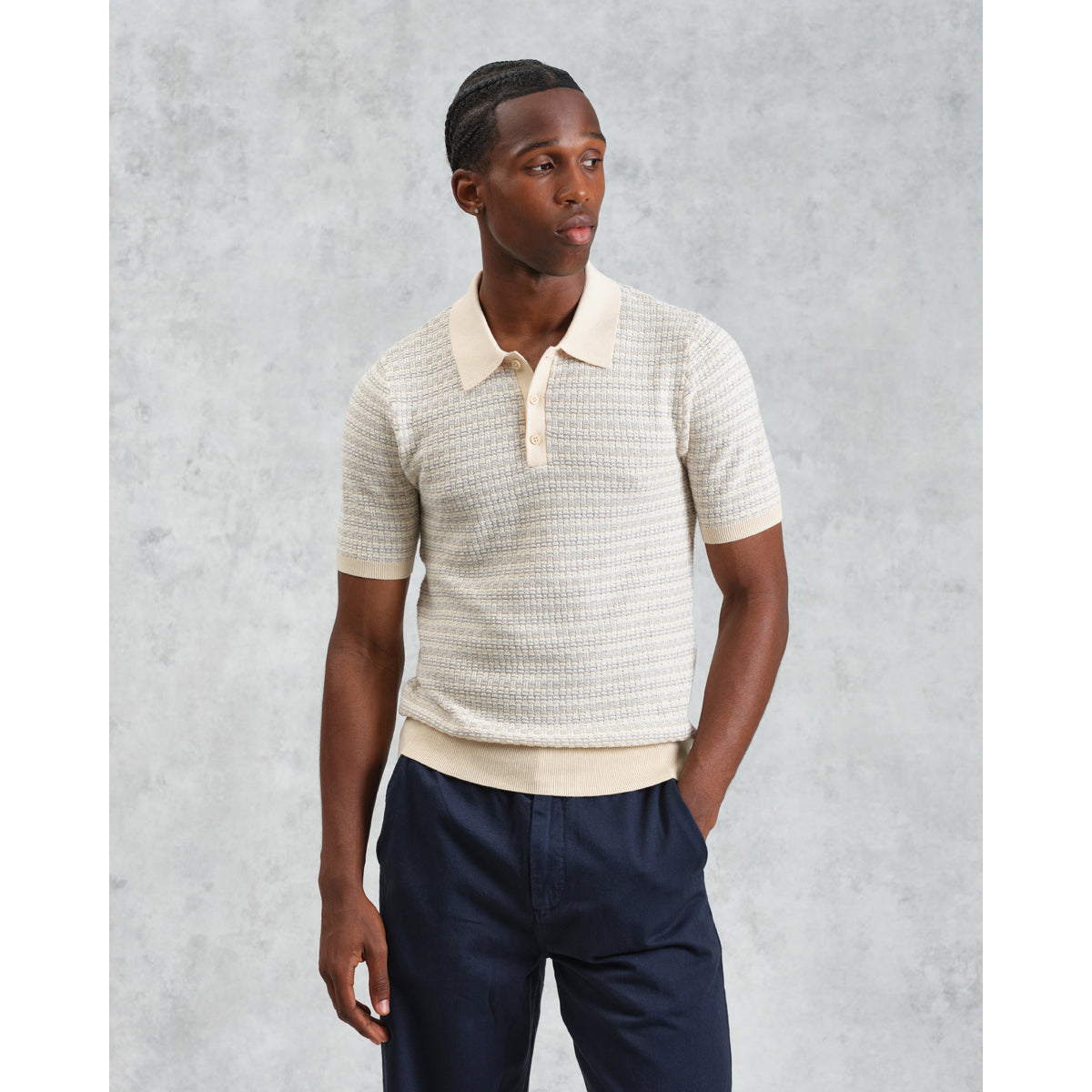 Wax London Mini Geo Naples Short Sleeve Polo - Natural Men's Tops - Sloane Boutique
