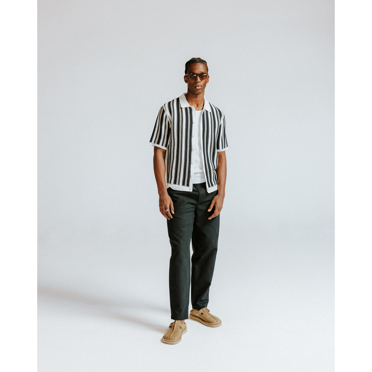 Wax London Stripe Crochet Porto Short Sleeve Polo - Ecru/Black Men's Tops - Sloane Boutique