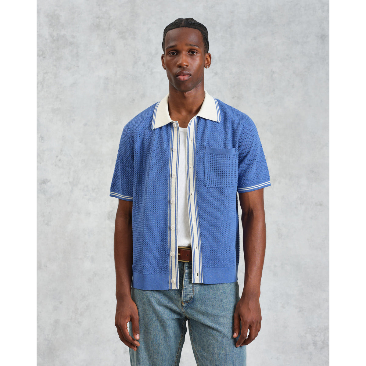 Wax London Tipped Pointelle Belle Short Sleeve Shirt - Blue/Ecru Men's Tops - Sloane Boutique