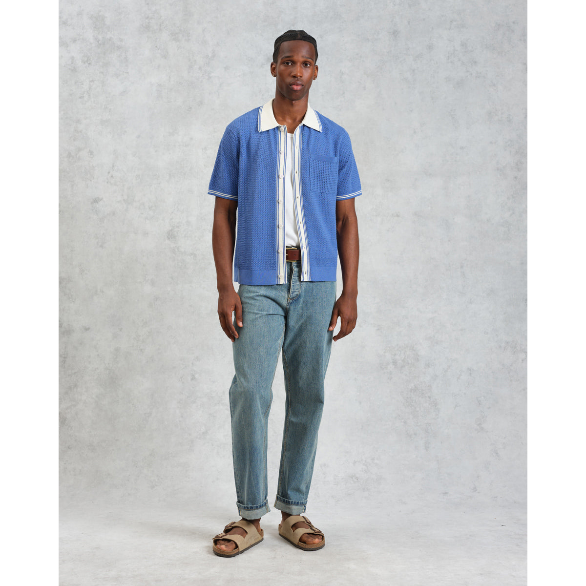 Wax London Tipped Pointelle Belle Short Sleeve Shirt - Blue/Ecru Men's Tops - Sloane Boutique