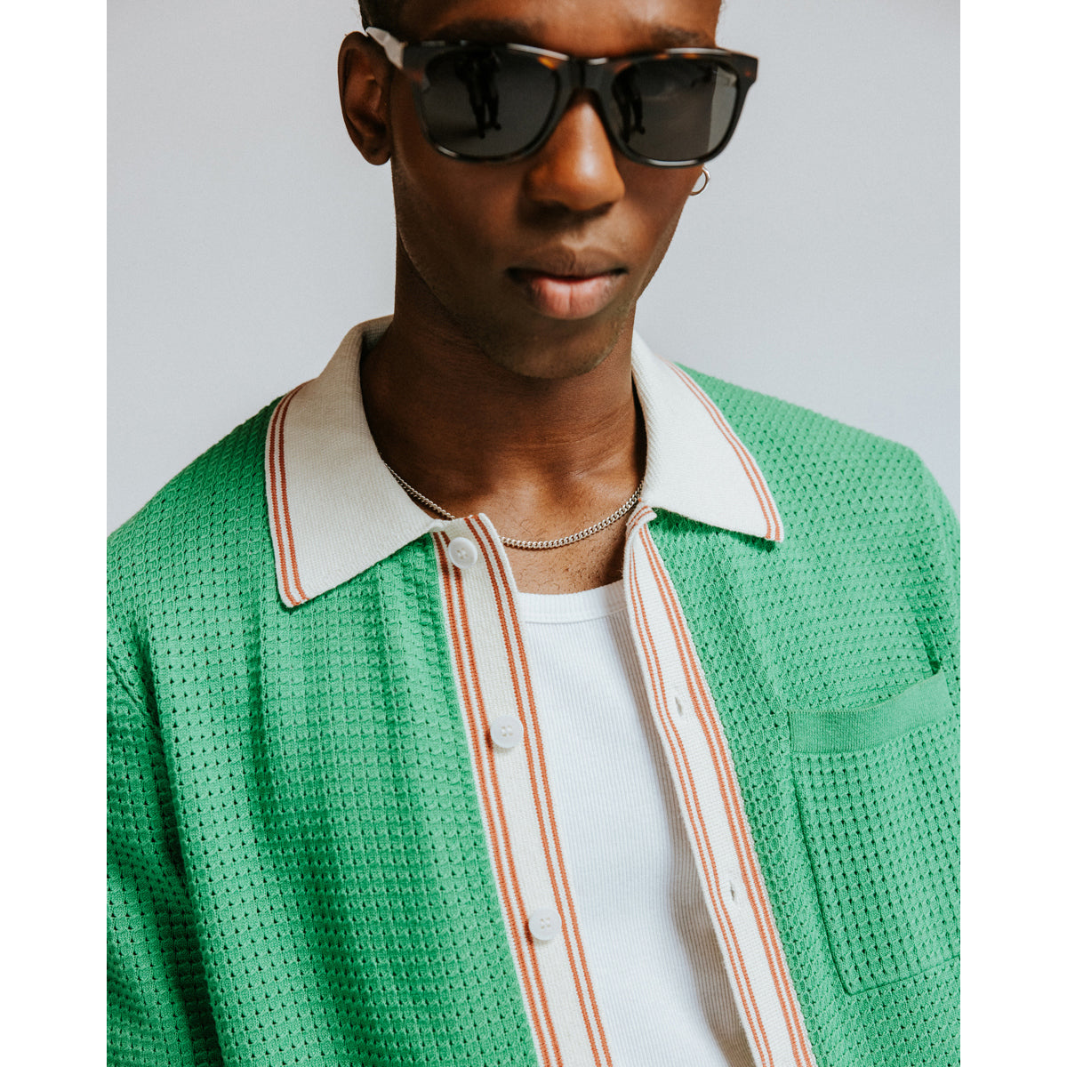 Wax London Tipped Pointelle Belle Short Sleeve Shirt - Green/Ecru Men's Tops - Sloane Boutique